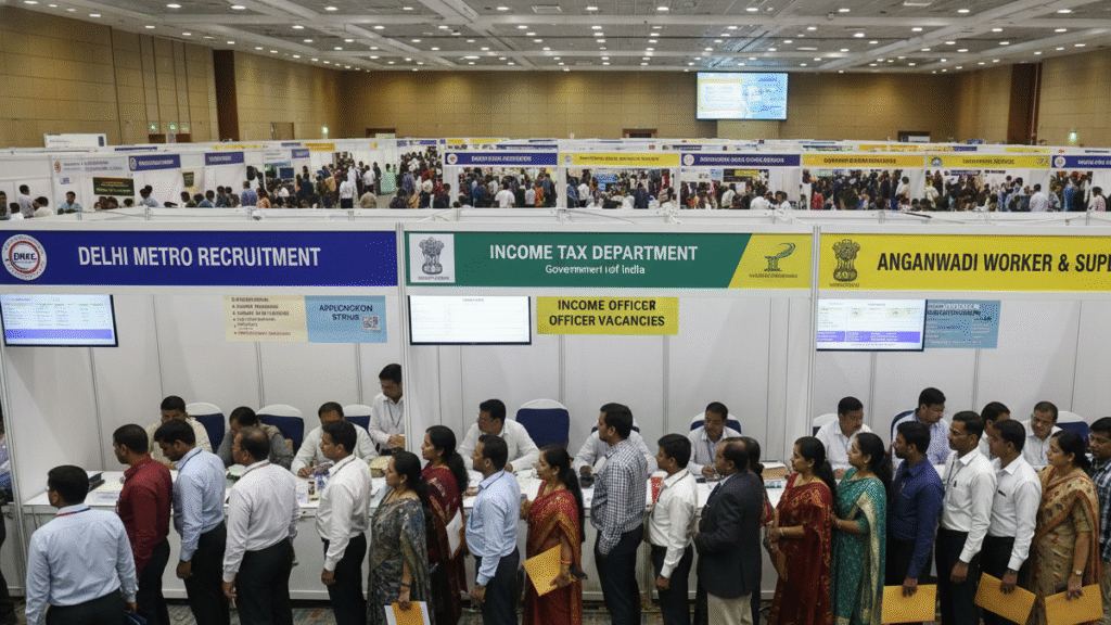 Top Government Jobs November 2025—Latest Updates for Job Seekers 4 Top Government Jobs November 2025 depict candidates at a busy government job fair, submitting documents
