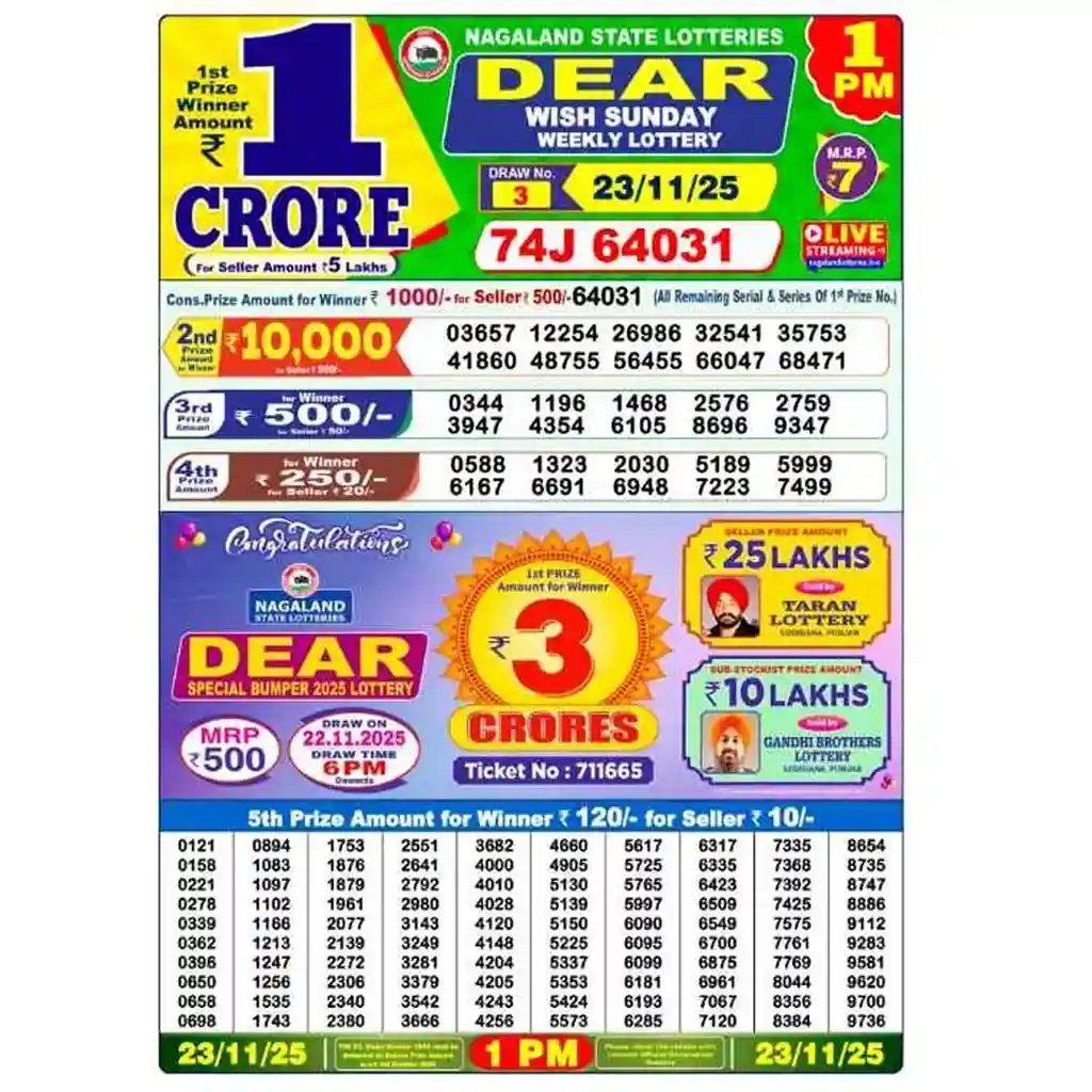 Nagaland State Lottery 23.11.25: Live Updates & Winners List 2 Nagaland State Lottery 23.11.25-1 PM Live result