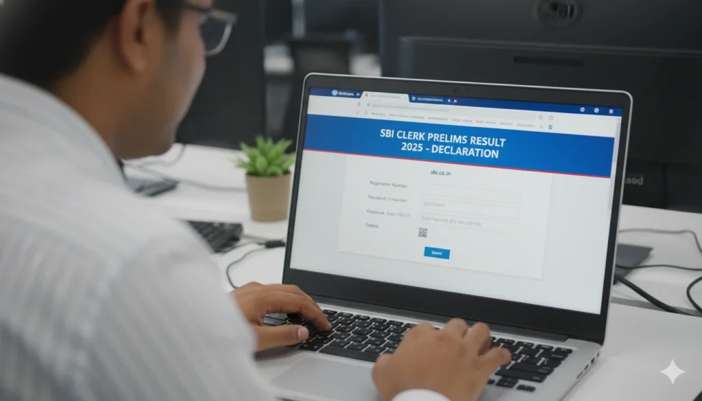 SBI Prelims Result 2025 – Check Result Today 2 SBI Clerk Prelims Result 2025 online checking steps displayed on laptop screen showing login page and result download option.