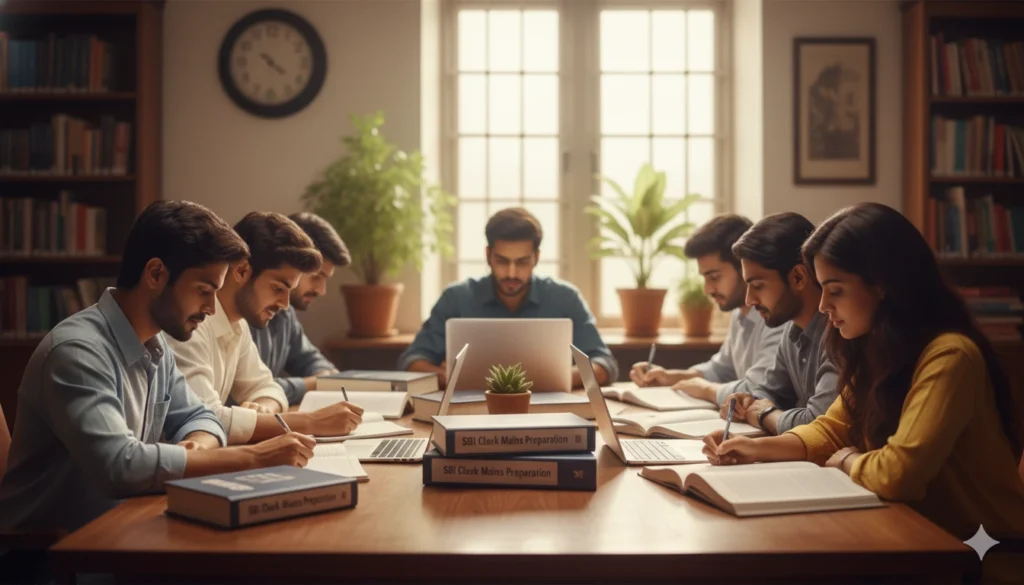 SBI Prelims Result 2025 – Check Result Today 4 SBI Clerk Prelims Result 2025 successful candidates preparing for mains exam with books, notes, and laptops at study desk.