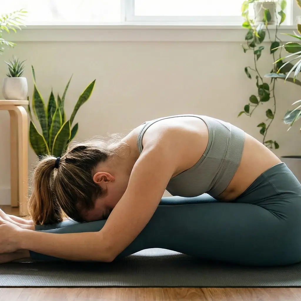 Yoga for Students: 5 Stress-Free Tips for Better Exam Results 3 Yoga for Students -Student performing Paschimottanasana to reduce stress before exams.