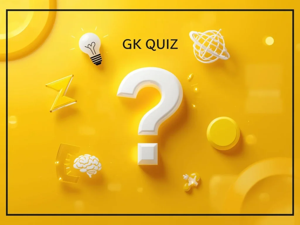 Daily GK Quiz Day-2 Shocking 16-30 सवाल जिनके जवाब जानकर आप दंग रह जाएंगे! 2 Daily GK Quiz-2: Bright yellow background with clean layout, bold question in center and 3D India map graphic enhancing the quiz visual