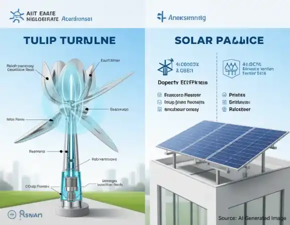 New Business Idea 2026: Tulip Turbine Technology Explained 3 New Business Idea 2026 comparison of Tulip Turbine and solar panels showing efficiency, space saving, and modern renewable design.