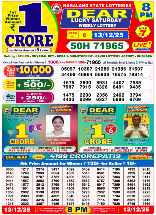 Lottery Sambad 13.12.25 Today Result 8 PM