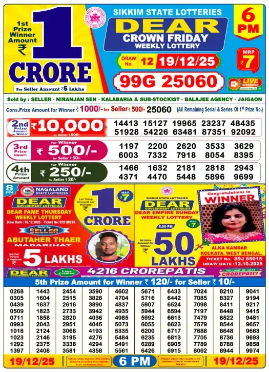 Lottery Sambad Update 19.12.25 - 6 PM Results