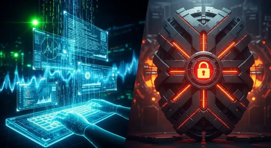 JARVIS Is Here? Why OpenClaw AI Sparks War Between Coders and Tech Veterans 4 Split scene showing fast AI coding on one side and a locked security shield on the other, contrast of speed vs safety, dramatic lighting, high-detail futuristic style