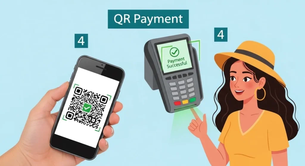 UPI One World Lets Foreigners Use Indian QR Codes 2 Tourist verifying passport and using mobile app for UPI One World service