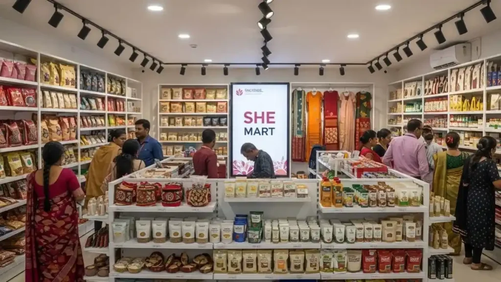 SHE Mart mission: Help the next generation of female business owners. 3 Modern retail showroom showcasing local products under She SHE Mart Mission initiative.