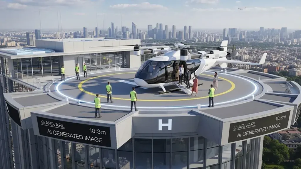 Air Taxi India: Gurugram to Delhi in 7 Minutes 4 Rooftop vertiport in Delhi with passengers boarding futuristic eVTOL air taxi AI Generated Image