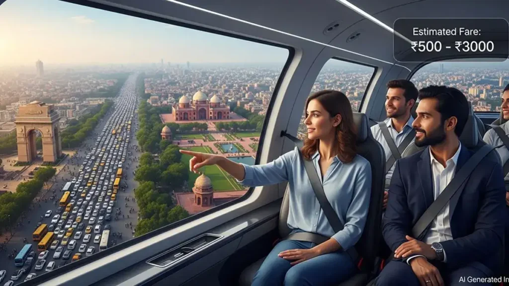 Air Taxi India: Gurugram to Delhi in 7 Minutes 3 Passengers inside air taxi cabin over Delhi with fare infographic ₹500 to ₹3000 AI Generated Image
