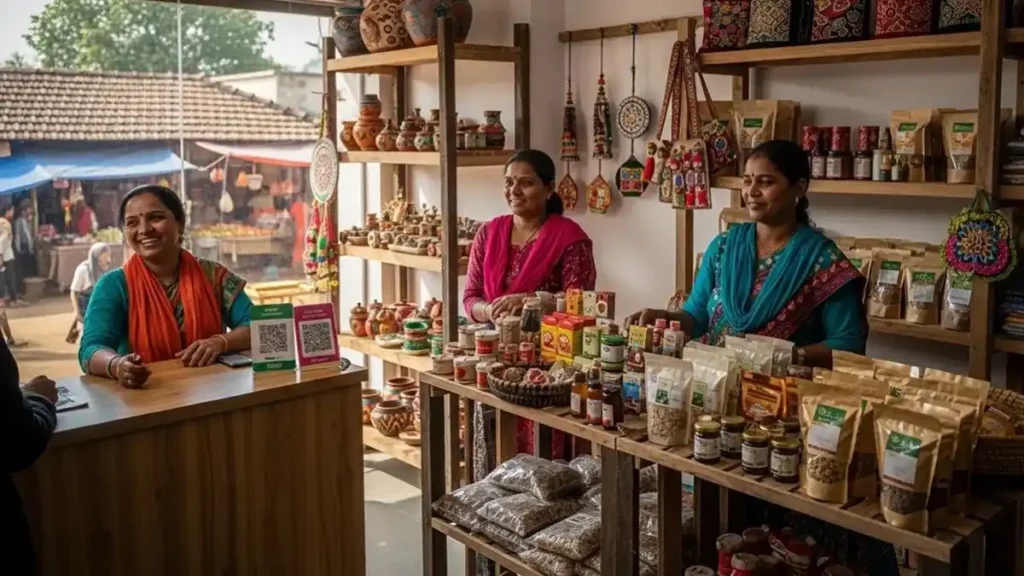 SHE Mart mission: Help the next generation of female business owners. 2 Rural woman entrepreneur accepting digital payment at She SHE Mart Mission outlet.