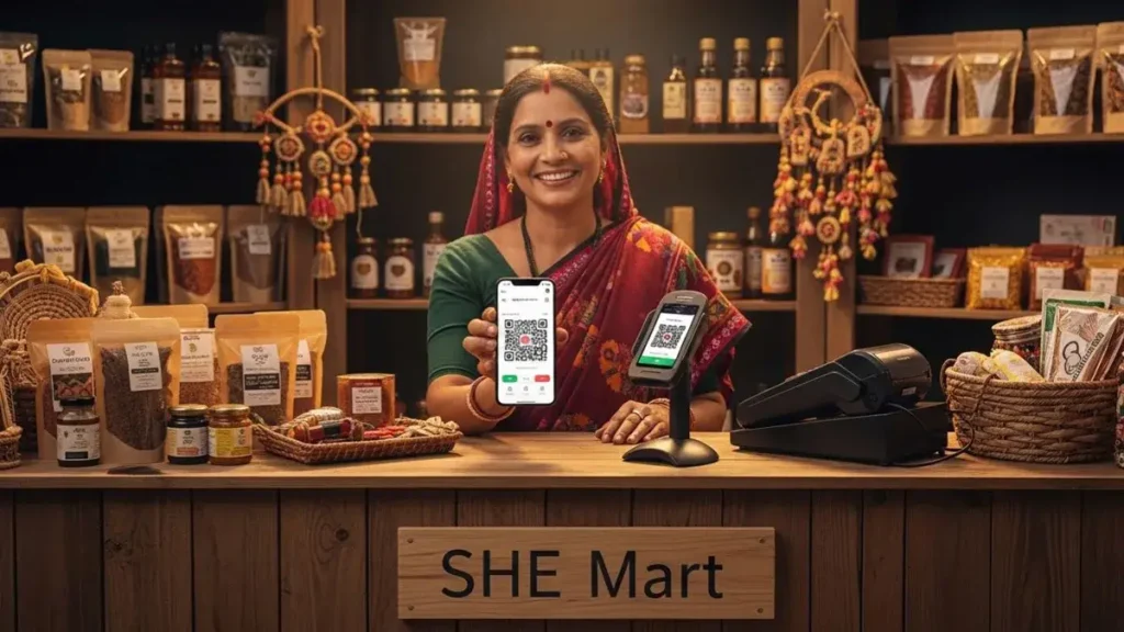 SHE Mart mission: Help the next generation of female business owners. 4 Women entrepreneurs managing store counter at She SHE Mart Mission retail shop.