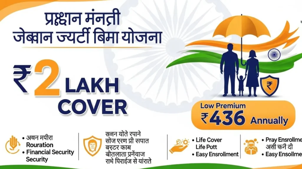 PMJJBY - Pradhan Mantri Jeevan Jyoti Bima Yojana (PMJJBY) Full Details 2 PMJJBY benefits infographic showing ₹2 lakh cover and ₹436 premium