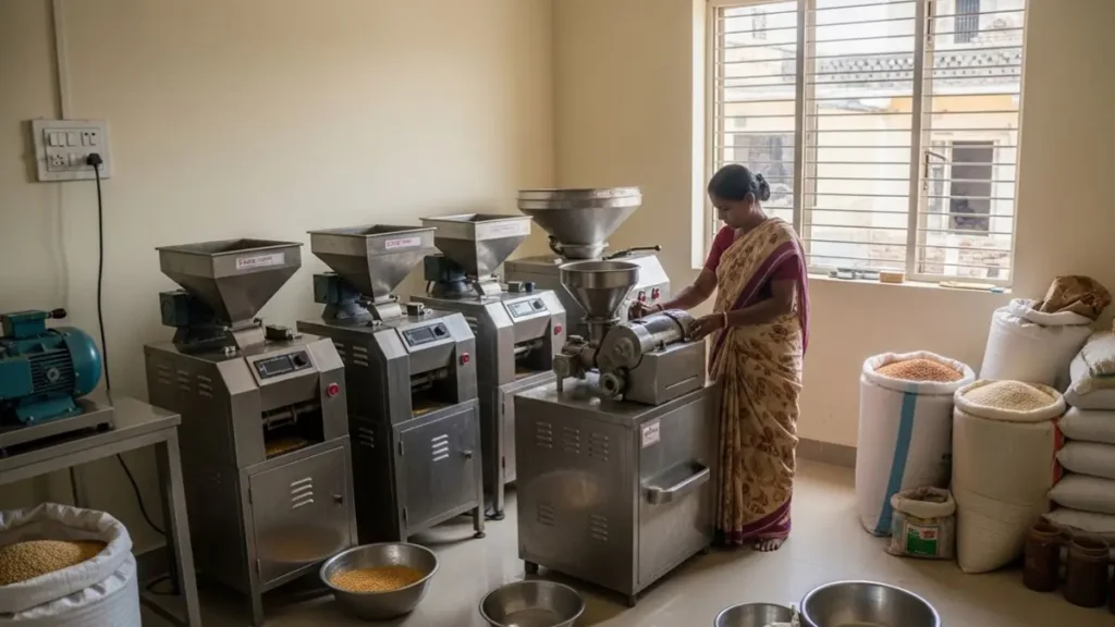 PMFME Scheme: Hidden Benefits No One Talks About 3 Woman operating food processing machines with subsidy support under PMFME scheme