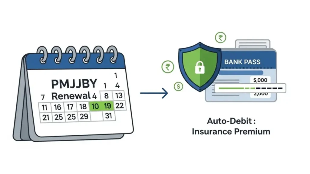 PMJJBY - Pradhan Mantri Jeevan Jyoti Bima Yojana (PMJJBY) Full Details 3 PMJJBY premium auto debit yearly renewal insurance concept