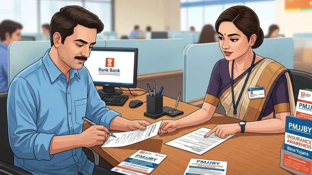 PMJJBY - Pradhan Mantri Jeevan Jyoti Bima Yojana (PMJJBY) Full Details 4 Bank customer enrolling in PMJJBY life insurance scheme India